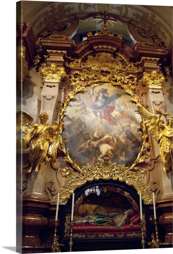 Austria, Melk, Melk Abbey (aka Benediktinerstift). Baroque church. St. Michael's Altar (c. 1723) with "catacomb saint" rem...