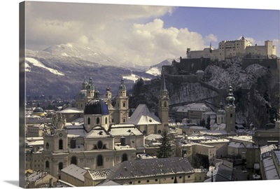Austria, Salzburg, Afternoon winter city view from Cafe Winkler