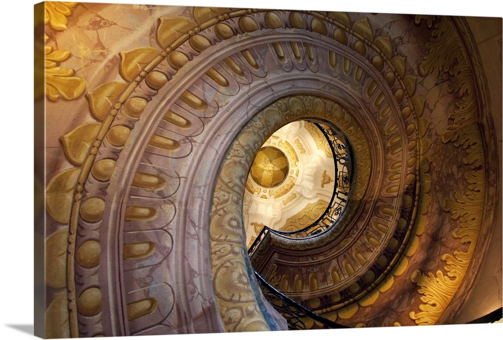 Austria, Wachau Valley, Melk. 900 year old baroque Melk Abbey (aka Benediktinerstift). Spiral staircase.