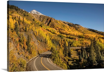 Autumn aspen trees and Million Dollar Highway near Crystal Lake, Ouray, Colorado