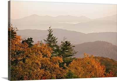 Autumn colors in the Appalachian Mountains at sunrise, North Carolina