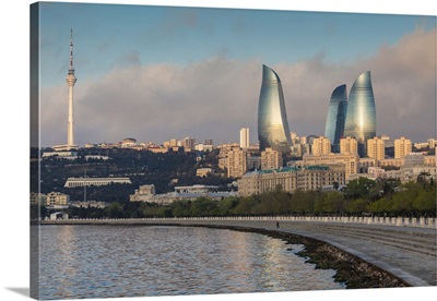 Azerbaijan, Baku, City Skyline With Baku Television Tower And Flame Towers From Baku Bay