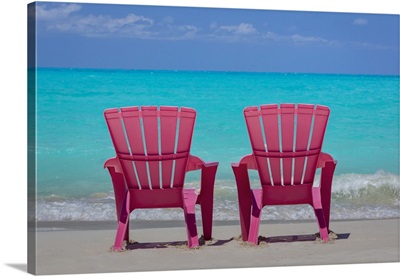 Bahamas, Little Exuma Island, Pink chairs on beach