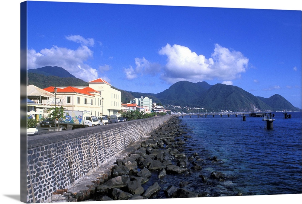 Bay front with ocean and mountains Capital City of Roseau in Dominica.