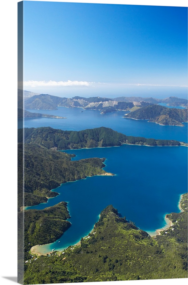 Bay of Many Islands, Queen Charlotte Sound, Marlborough Sounds, South Island, New Zealand - aerial