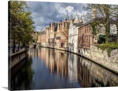 Belgium, Bruges, Reflections Of Medieval Buildings Along Canal