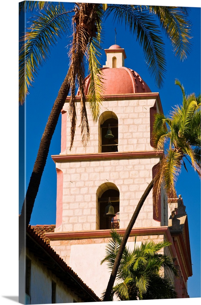 Bell tower and palms at the Santa Barbara Mission (Queen of the missions), Santa Barbara, California USA.
