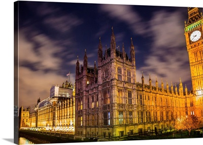 Big Ben Tower, Night Houses Of Parliament, Westminster, London, England