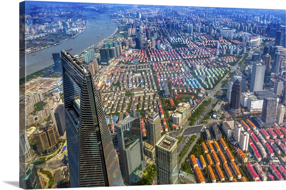 Looking Down on Black Shanghai World Financial Center Skyscraper Huangpu River Cityscape Liujiashui Financial District Sha...