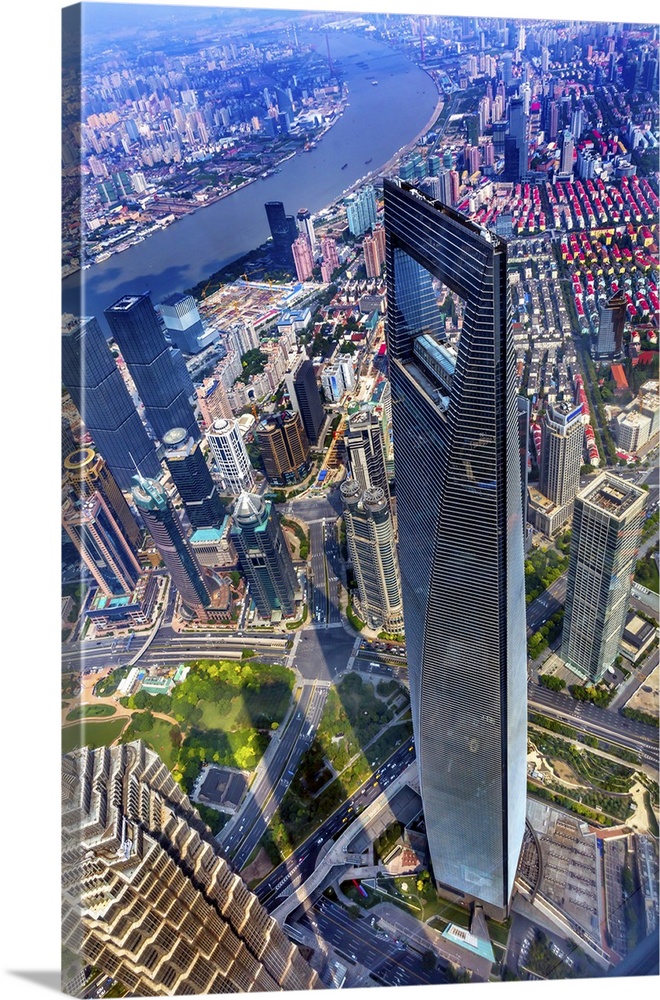 Looking Down on Black Shanghai World Financial Center Skyscraper Reflections Huangpu River Cityscape Liujiashui Financial ...