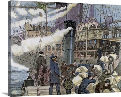 Boat carrying goods in the port of London, 19th century colored engraving