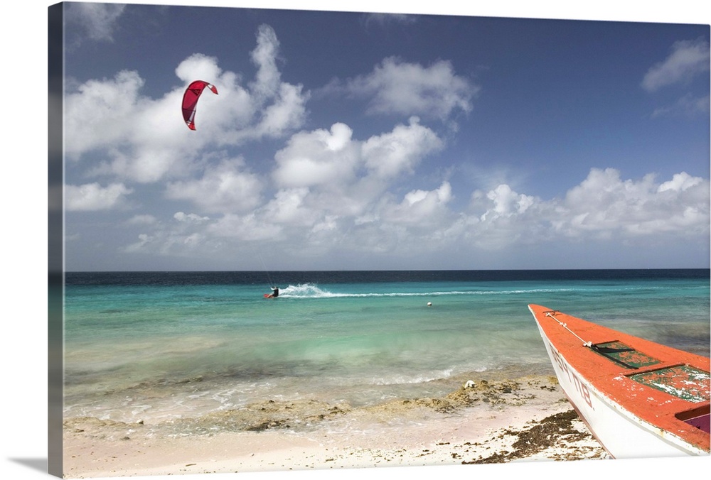 ABC Islands-BONAIRE-Pink Beach:.Beach View with Fishing Boat