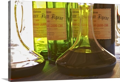 Bottles and carafes decanters with Chateau La Grave Figeac, Bordeaux, France