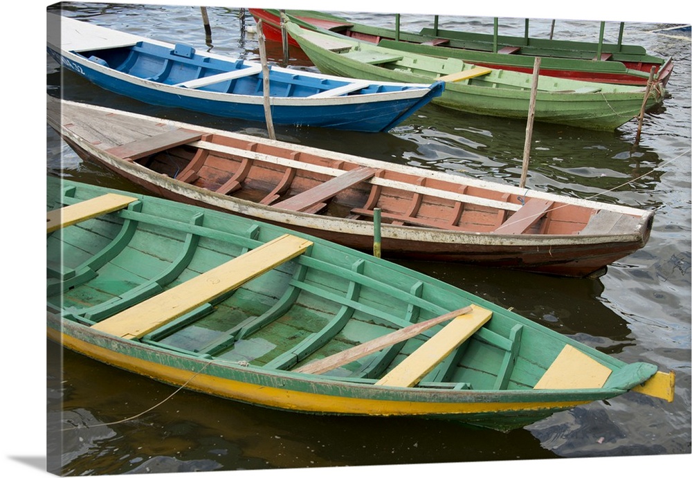 Brazil, Amazon, Alter Do Chao, colorful local wooden fishing boats.
