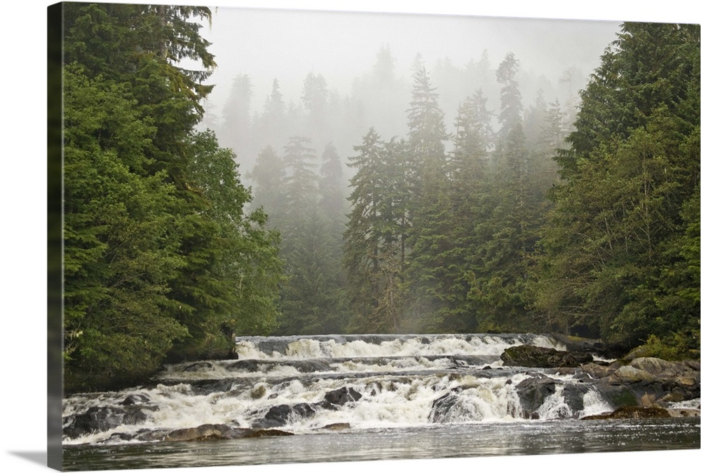 Canada, British Columbia, Princess Royal Island. Canoona River waterfalls next to misty forest.  Credit as: Don Paulson / ...