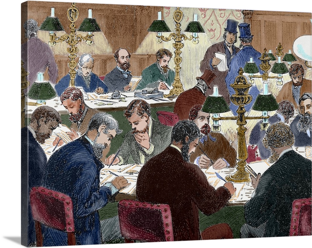 Brokers working. Nineteen-century colored engraving.
