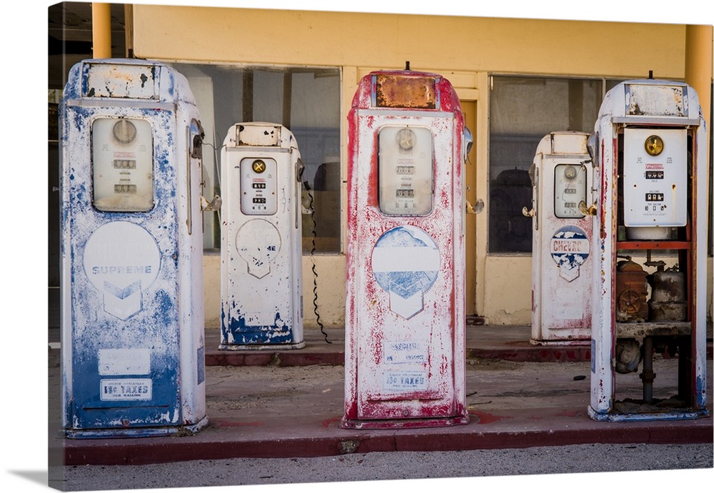 USA: Southern California, CA Drought Spotlight 3-Rte 66 Expedition, Desert Center, abandoned gas pumps at truck stop off R...