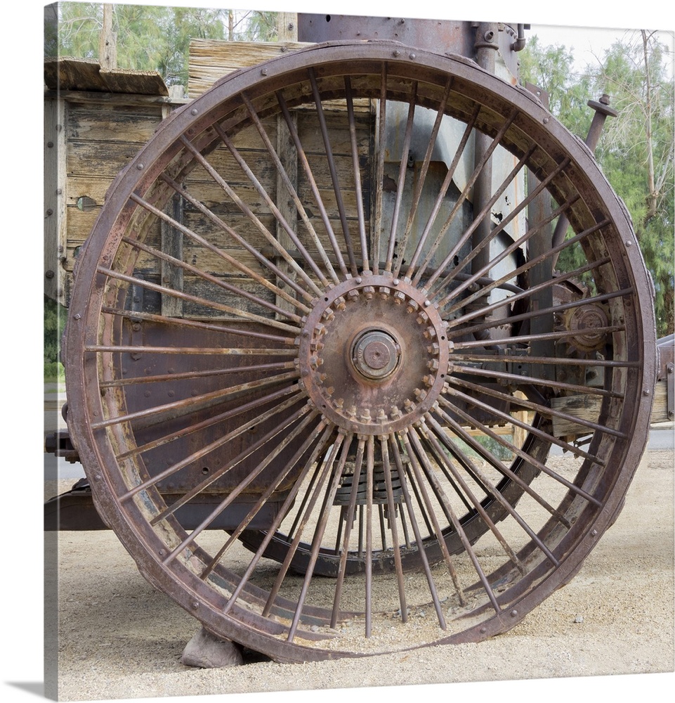 California, death Valley National Park. Borax Museum, Old Dinah, 1894 steam tractor iron wheel detail.