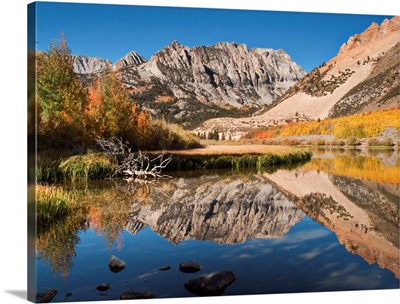 California, Eastern Sierra. Fall color reflected in North Lake