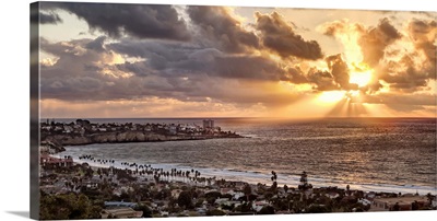 California, La Jolla, Panoramic view of La Jolla Shores and the village at sunset