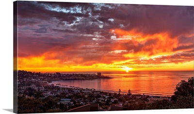 California, La Jolla. Panoramic view of sunset over La Jolla Shores and village