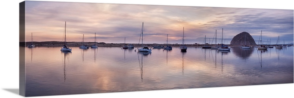 USA, California, Panoramic view of sailboats moored in Morro Bay at sunset