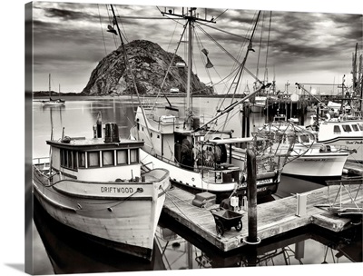 California, Sepia-tinted fishing boats docked in Morro Bay at dawn