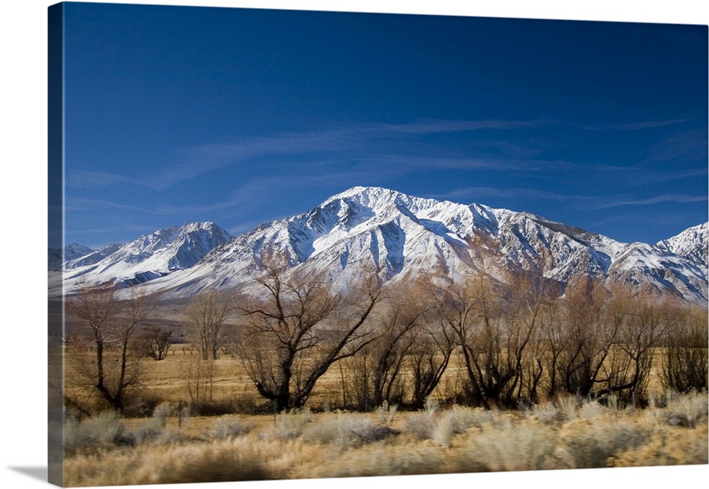 California, USA. Stunning roadside views of snowcapped Sierra Nevada Mountains outside of Mammoth Mountain.