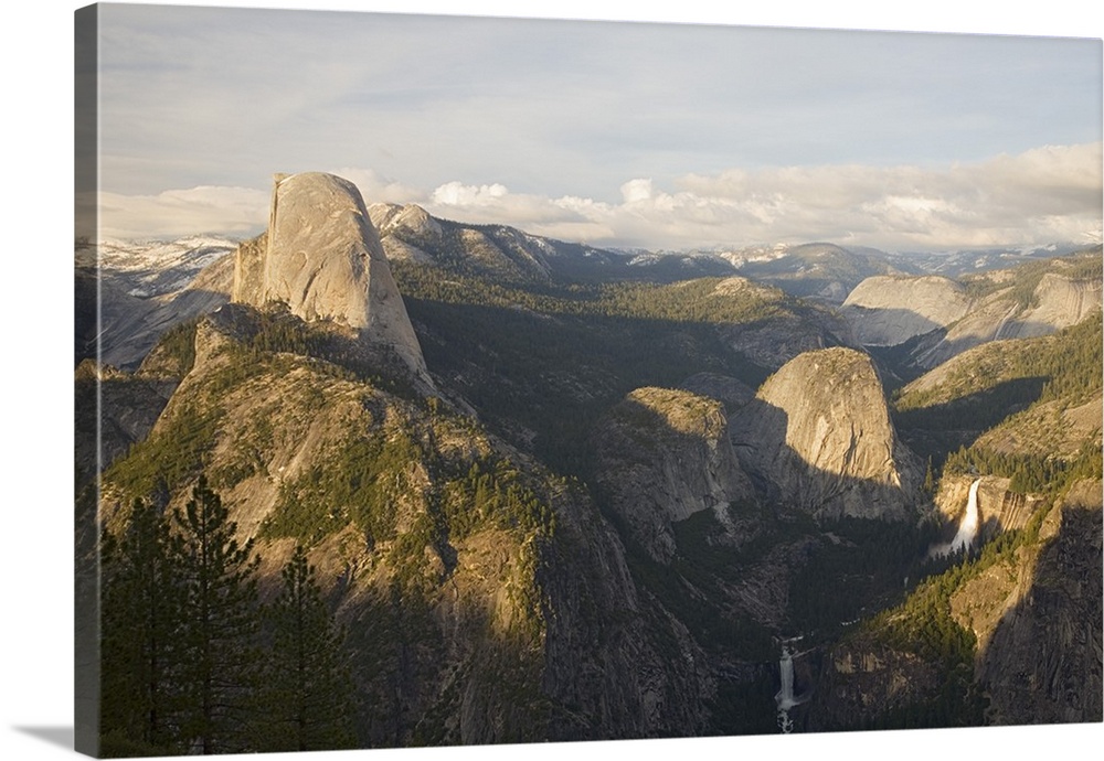 California, Yosemite National Park, Yosemite Valley with Half Dome and Nevada Falls and Vernal Falls from Glacier Point vi...