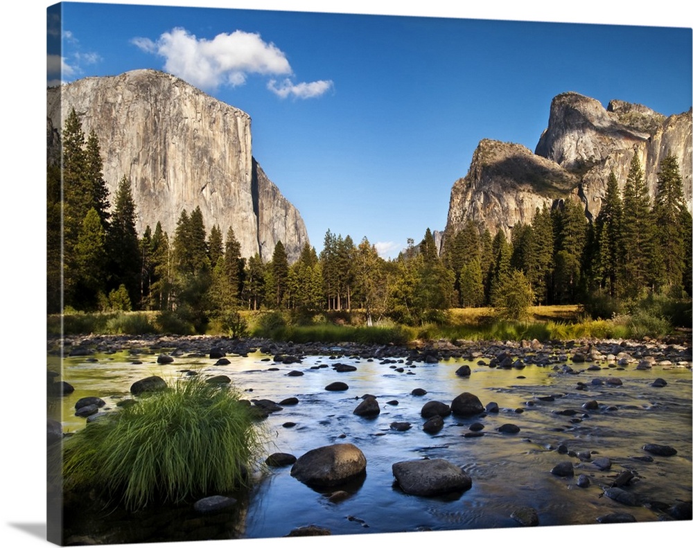 USA, California, Yosemite National Park, The Merced River, El Capitan, and Cathedral Rocks in Yosemite Valley