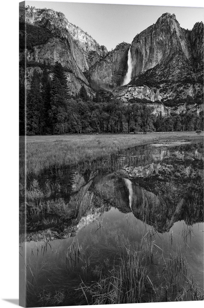 North America, USA, California, Yosemite National Park.  Black and White image of Upper Yosemite Falls with reflection in ...