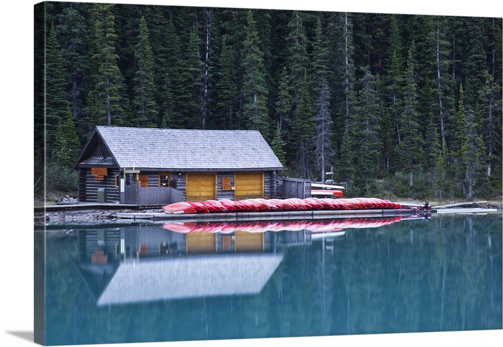 North America, Canada, Alberta, Banff National Park, canoe rental house on Lake Louise, June