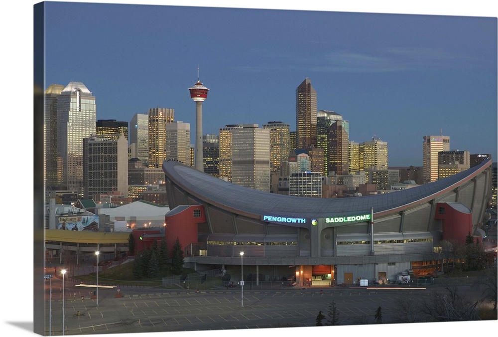 Canada, Alberta, Calgary, City Skyline from Ramsay Area, Dawn with Saddledome