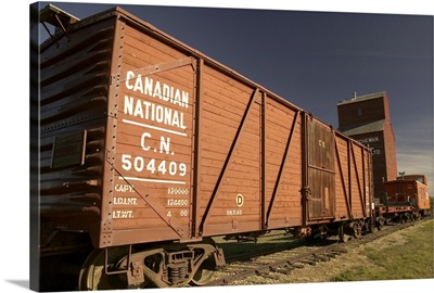 Canada, Alberta, Historic Railway Locomotive and Grain Silo