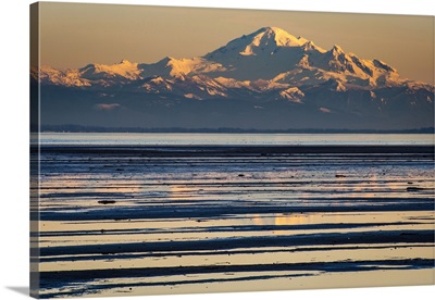 Canada, British Columbia, Boundary Bay, Mount Baker From The Shoreline At Sunset