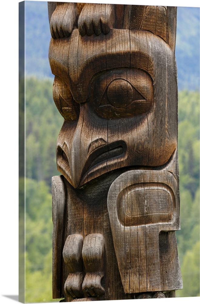 Canada, British Columbia, Kispiox. Detail of totem pole.