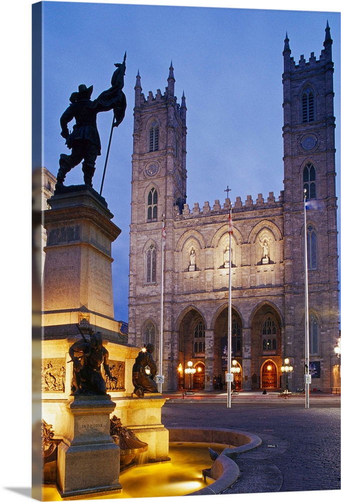 Canada, Quebec, Montreal, Place d'Armes Square, Notre-Dame Basilica and Maisonneuve Monument of sculptor Louis-Philippe H....