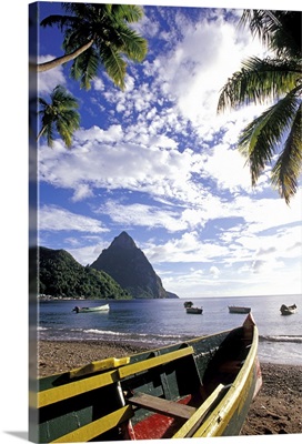 Caribbean, British Virgin Islands, St. Lucia, Fishing boats and Pitons, Soufriere