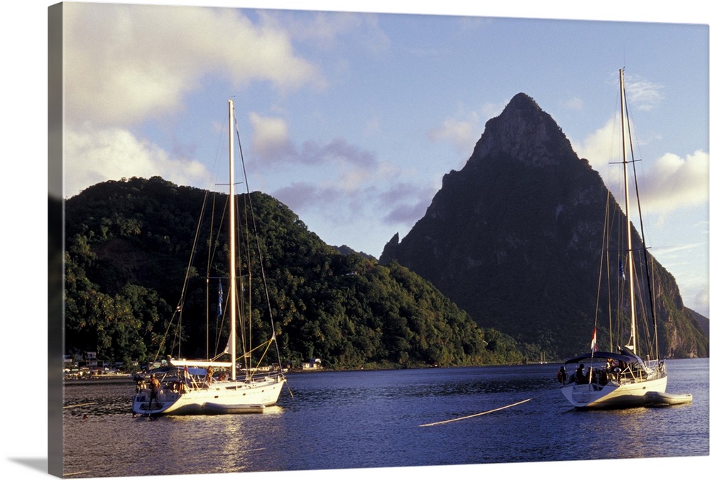 Caribbean, BWI, St. Lucia, Fishing boats and Pitons, Soufriere.