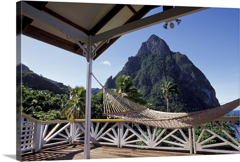 Caribbean, BWI, St. Lucia, The Pitons from Stonefield Estate.