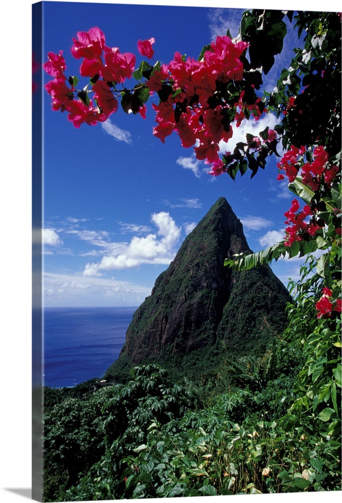 Caribbean, BWI, St. Lucia, View of the Pitons from Ladera Resort.