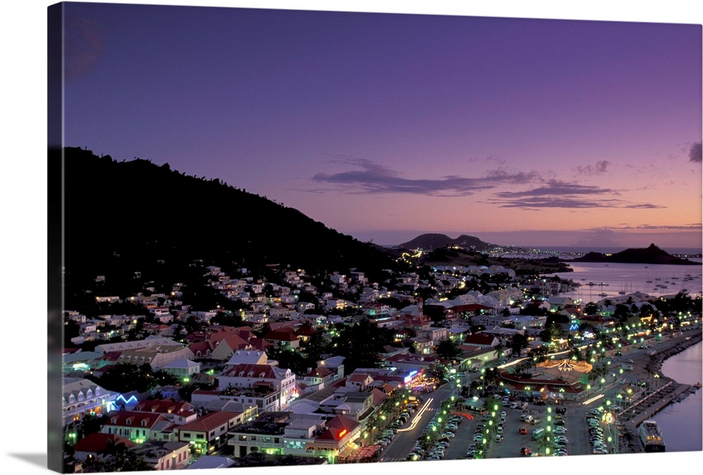 Caribbean, French West Indies, St. Martin.Marigot; town seen from Ft. Louis; evening