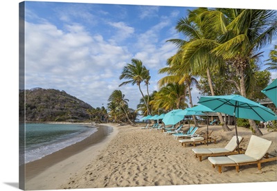 Caribbean, Grenada, Mayreau Island, Beach Umbrellas And Lounge Chairs