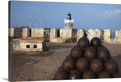 Caribbean, Puerto Rico, San Juan. Stacked canon balls at Fort San Cristobal
