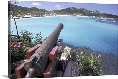 Caribbean, St. Barts, Cannon aiming into Bay of St. Jean