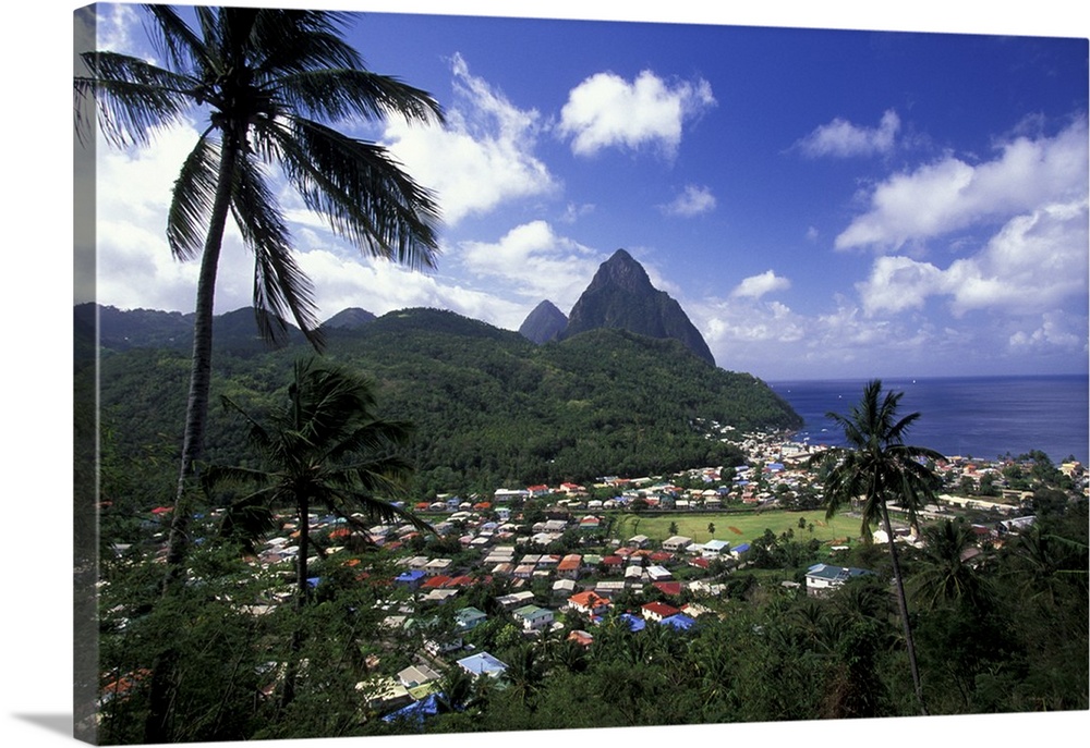 Caribbean, St. Lucia, Soufriere. Morning view of the Pitons and Soufriere from the NE