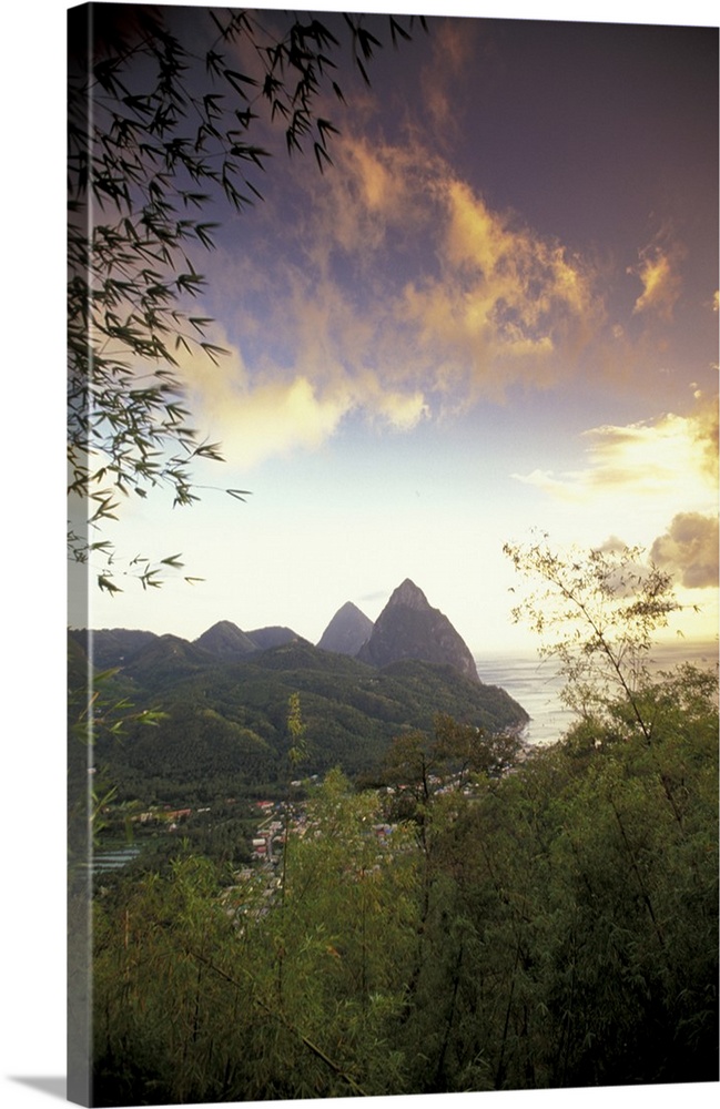 Caribbean, St. Lucia, Soufriere. Sunset view of the Pitons and Soufriere from the NE