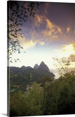 Caribbean, St. Lucia, Soufriere. Sunset view of the Pitons and Soufriere