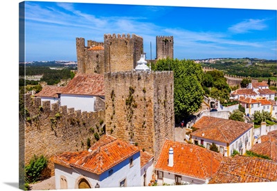 Castle Turrets, Towers Walls, Orange Roofs, Obidos, Portugal