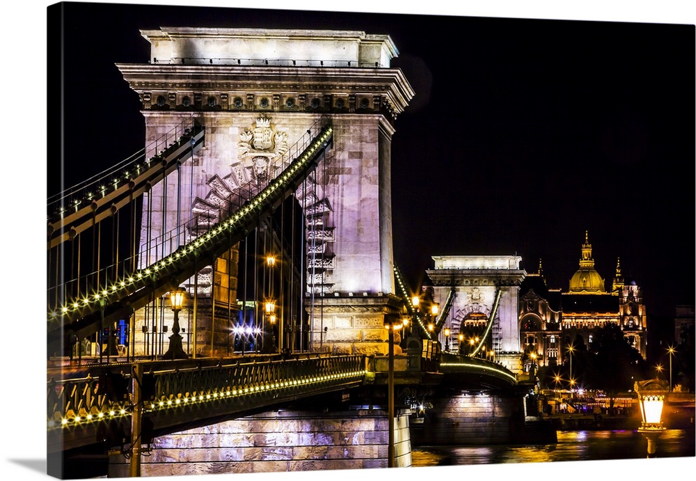 Chain Bridge Saint Stephens Danube River Reflection Budapest Hungary.